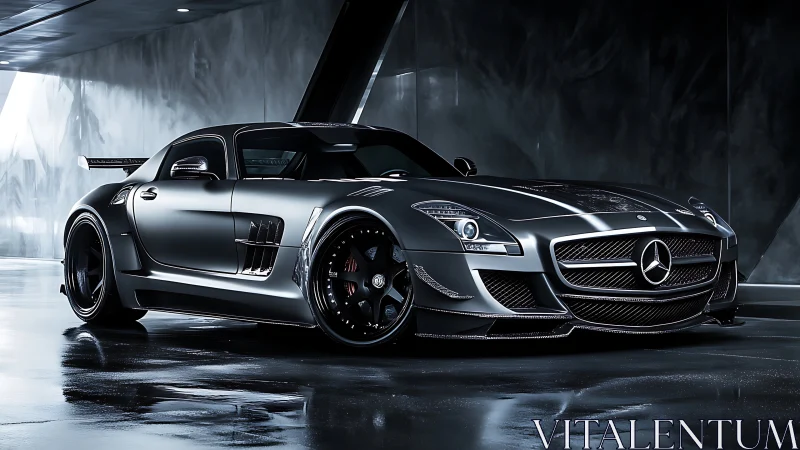 Midnight silver supercar prowls a mirrored futuristic lair.
