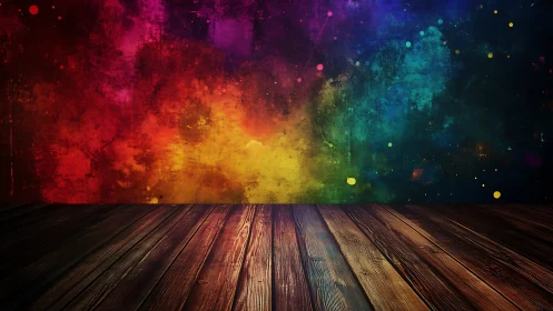 Wooden floor meets vivid multicolor painted abstract wall