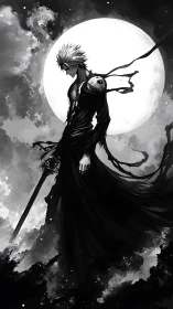 Sword-bearing figure in monochrome against full moon backdrop.