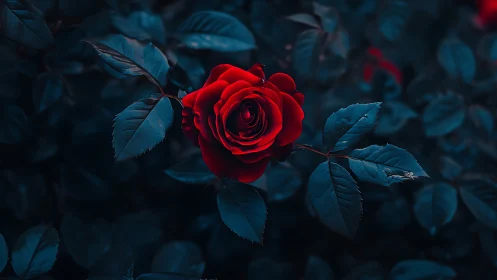 Red Rose with Blue Foliage in Dark Setting