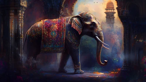 Decorated elephant stands between ornate arches at dusk