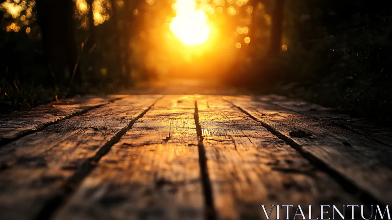 Wooden pathway in forest at golden sunset with warm light.