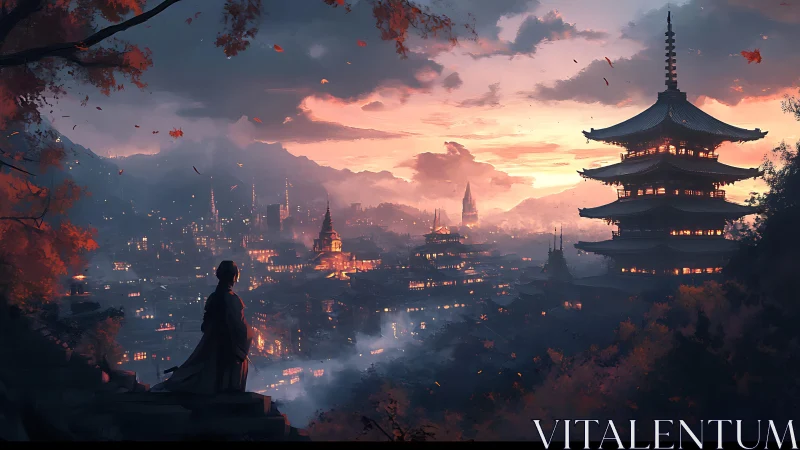 Twilight monk overlooking lantern‑lit mountain pagoda city.