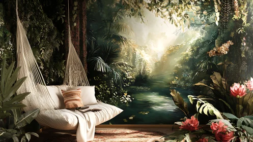 Interior hammock beside large wall mural of dense riverine forest.