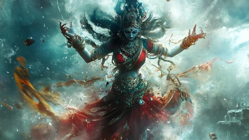 Divine female figure in ornate attire amid swirling energy.