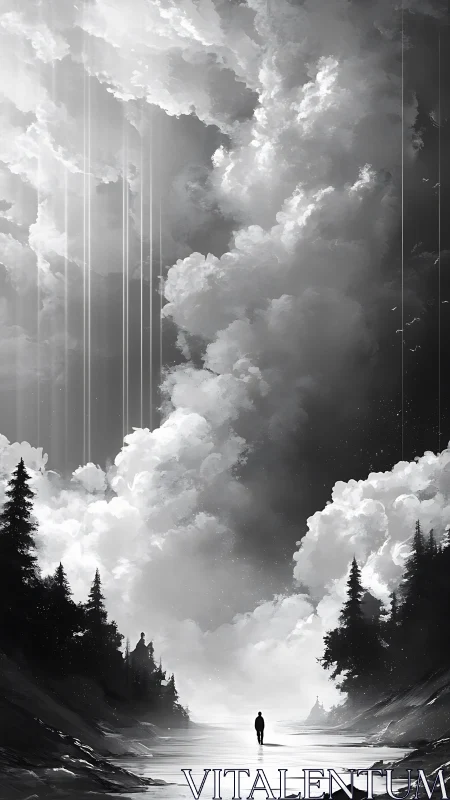 Monochrome forest valley with lone figure beneath towering clouds