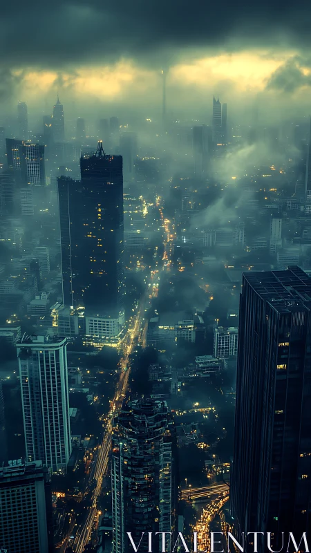 Futuristic megacity skyline in dense teal fog at dusk