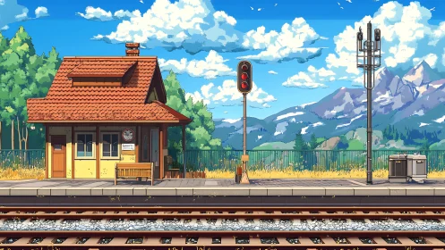 Anime rural rail platform under clear alpine summer sky.