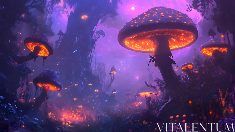 Bioluminescent mushroom forest under ethereal violet skies.