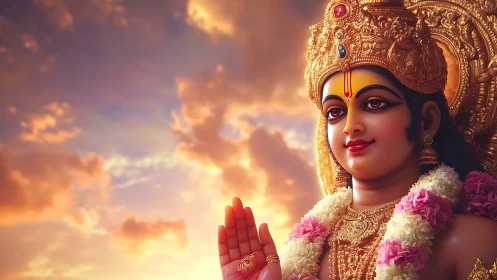 Golden serenity of a divine figure beneath glowing skies.