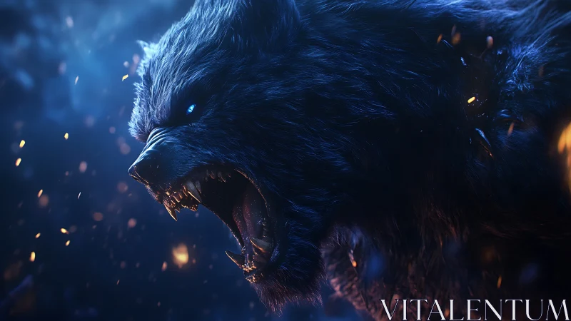 Cinematic 3D render of roaring spectral wolf in ember storm.
