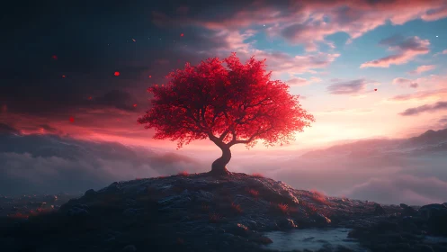 Solitary red tree crowns rocky hill under volumetric sunset sky