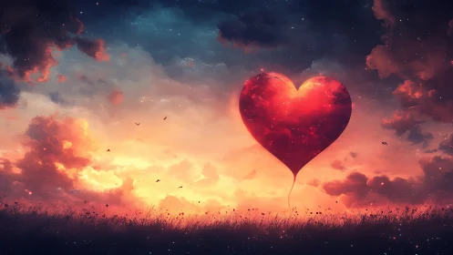 Heart Balloon Floats Through Cosmic Sunset Sky