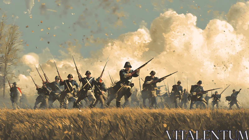 Infantry charge across open field under dense explosions.