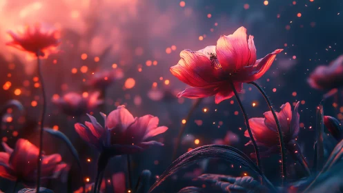 Digital rendering shows illuminated red flowers in dark field