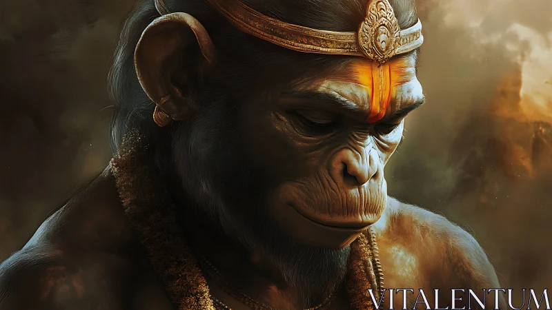 Divine simian warrior bows in ember-tinted sacred silence.