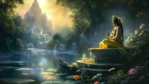 Meditating deity overlooks luminous river before temple