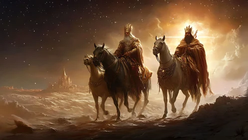 Three robed horsemen traverse a luminous desert landscape