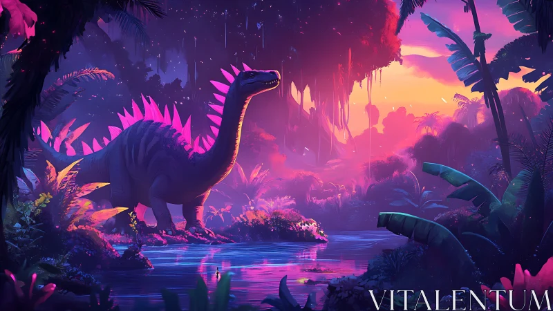 Neon dinosaur roams luminous jungle at sunset glow.