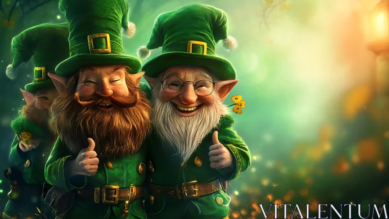 Joyful leprechaun friends share thumbs up in glowing forest