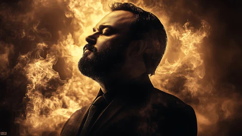 Photorealistic low-key portrait with dramatic ember halo lighting.