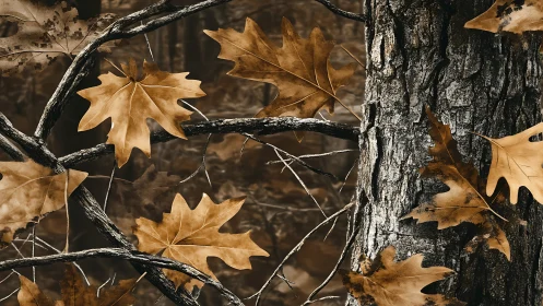 Golden autumn leaves rest gently against a textured tree trunk