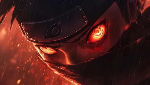 Burning ninja gaze under rain with intense crimson eyes.