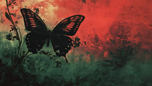 Midnight butterfly poised between red twilight and mossy dusk.