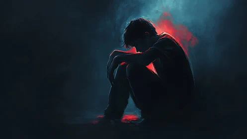 Digital painting of isolated youth in chiaroscuro silhouette.