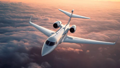Sleek private jet cruising above clouds at sunset sky.