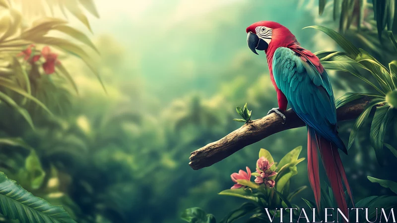 Scarlet macaw on mossy branch in diffuse tropical jungle light