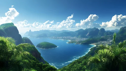 Tropical Coastal Paradise: Verdant Mountains Frame Azure Bay.