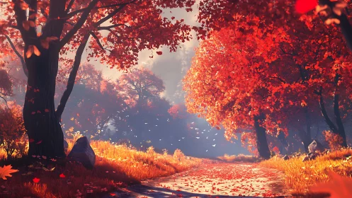 Crimson Cathedral: Where Autumn Whispers Through Falling Gold