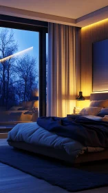 Warm LED accent lighting contrasts blue dusk through glass wall