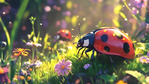 Sunlit ladybug crossing dewy meadow of vivid blossoms.