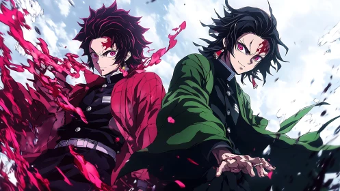 Two anime swordsmen stand amid dynamic red particle motion