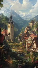 Medieval alpine village square gathers below clock tower