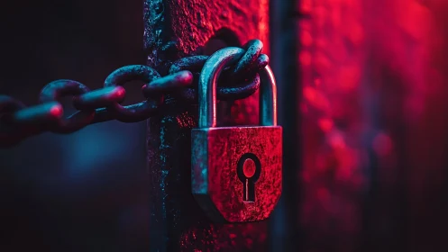 Neon-lit metal padlock and chain rendered in cyberpunk close-up