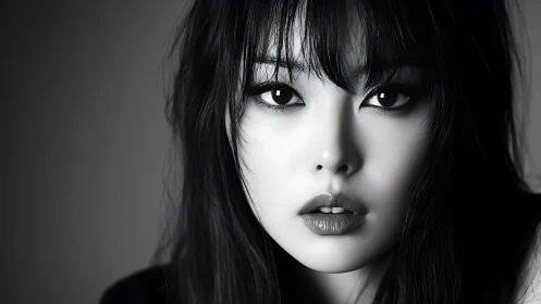 Monochrome close-up portrait of woman with straight hair.