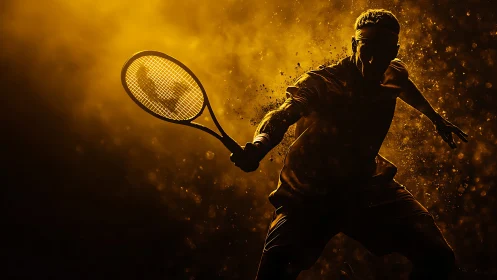 Silhouette tennis player swings racket in intense golden light.