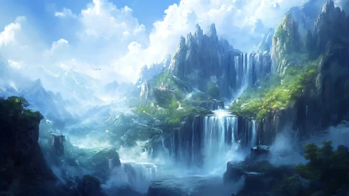 Epic mountain landscape with layered waterfalls and mist