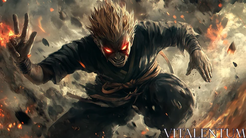 Demonic warrior with burning eyes amid swirling firestorm.