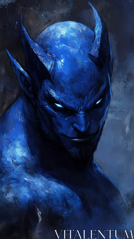 Midnight cobalt demon studies the viewer with sly patience
