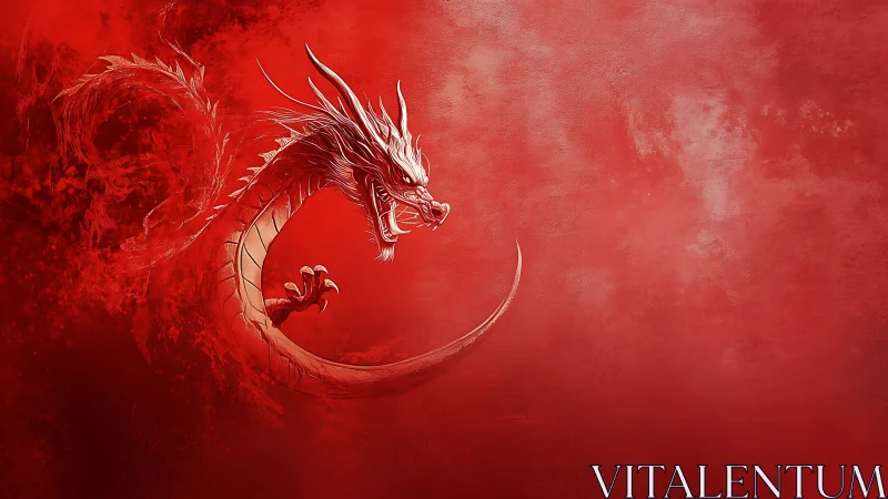 Crimson sky dragon swirling in a storm of glowing mist.