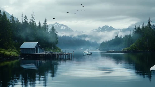 Solitary Boathouse Dreams: Mountain Mist & Mirrored Waters.