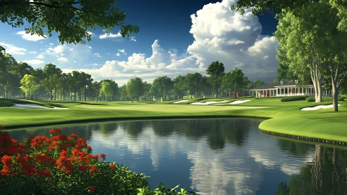 Golf course fairway curves around reflective water hazard