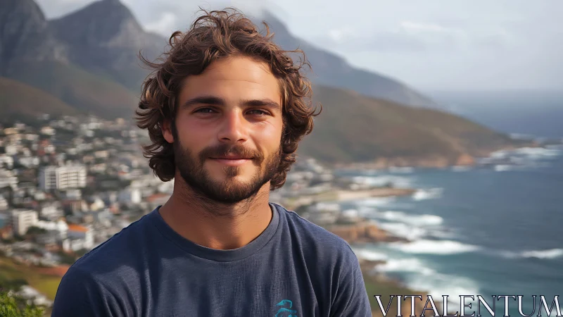 Smiling traveler stands before rugged coastal mountain city