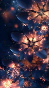 Fractal floral structures with luminous particle clusters.