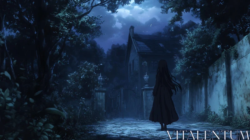Lonely girl approaches moonlit gothic house under trees.