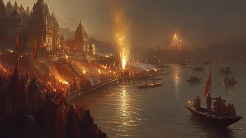 Riverside temple festival with torches and glowing flames.